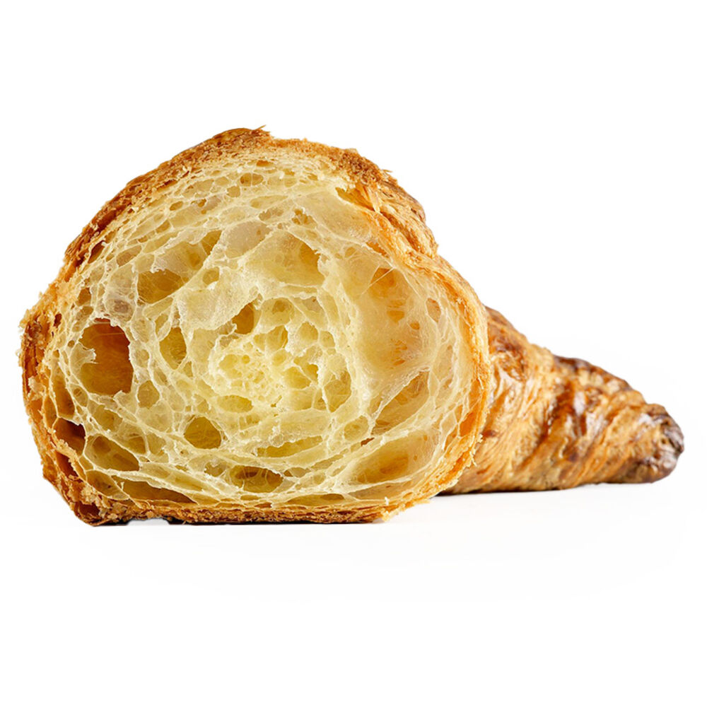 17911500 Schulstad Large All Butter Curved Croissant Cut in Half