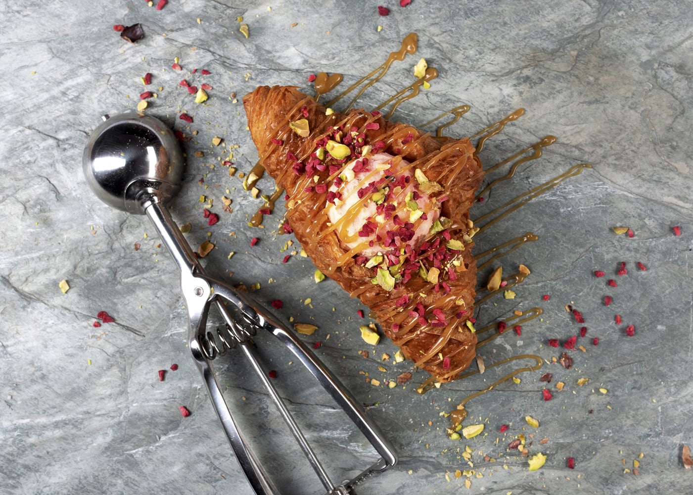 Schulstad Mini All Butter Croissant Stuffed with Strawberry Ice Cream and Topped with Caramel and Edible Flower Petals