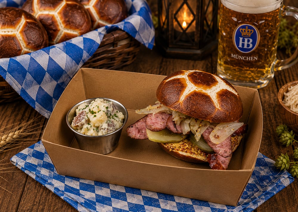 Oktoberfest Bratwurst Burger on a Premium Euro-Bake Pretzel Bun